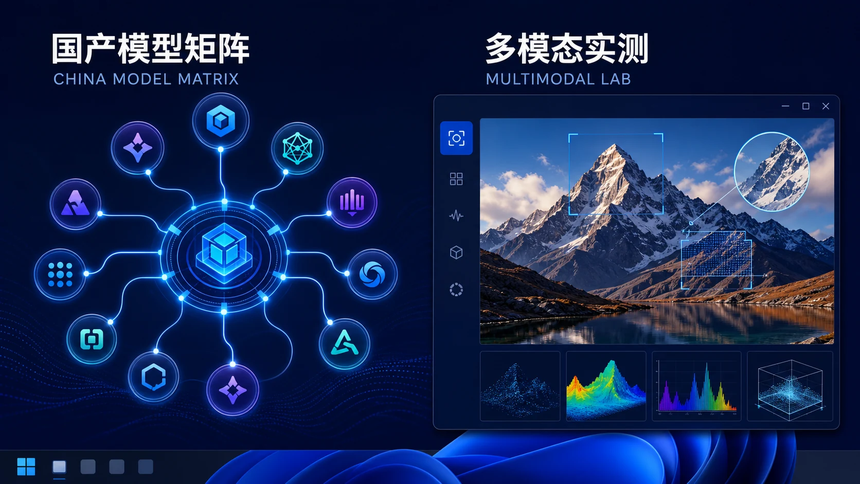 国产模型矩阵与多模态实测：十一个模型节点连接到统一 Harness 核心，右侧展示图片理解工作区